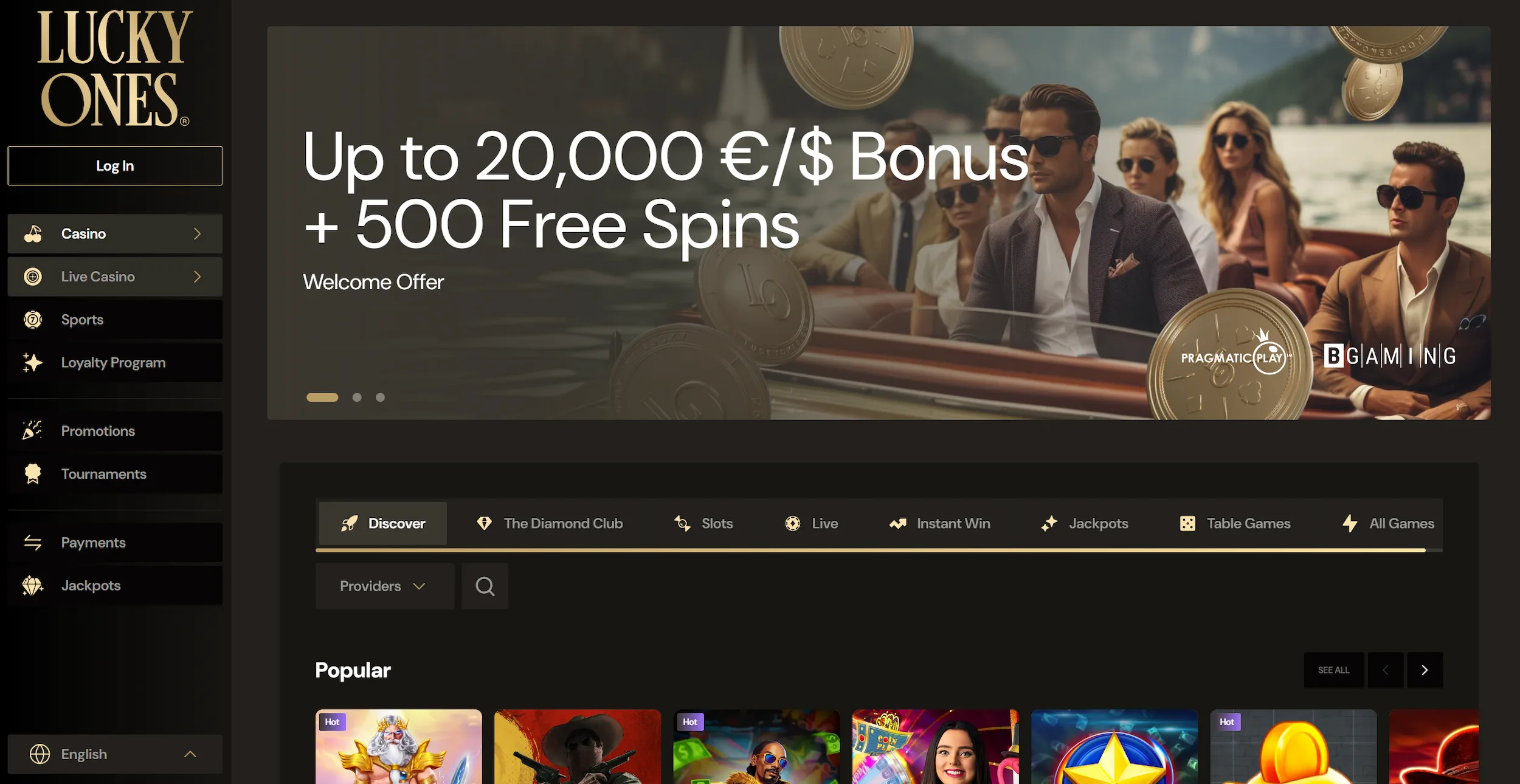 LuckyOnes casino frontpage featuring welcome bonus offer, online pokies and site navigation