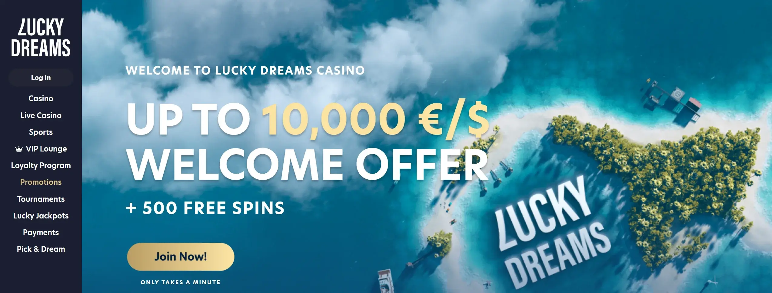 Lucky Dreams casino frontpage featuring welcome bonus offer and site navigation