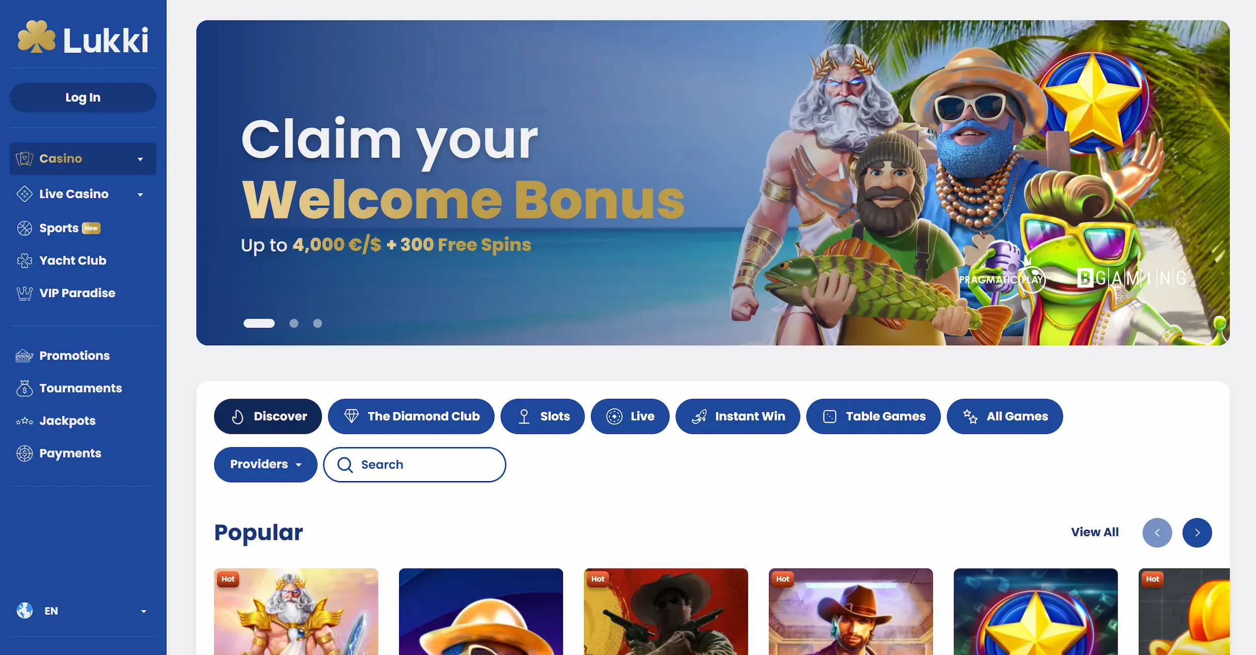 Lukki Casino frontpage featuring welcome bonus offer, selection of online pokies and site navigation